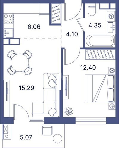 Port d’Azur yaşayış kompleksi, mənzilin planı - 1-otaqlı, 54.47 m²
