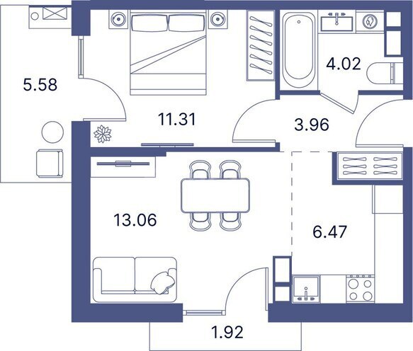 Port d’Azur yaşayış kompleksi, mənzilin planı - 1-otaqlı, 56.36 m²