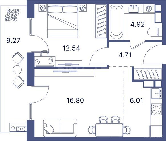 Port d’Azur yaşayış kompleksi, mənzilin planı - 1-otaqlı, 61.68 m²