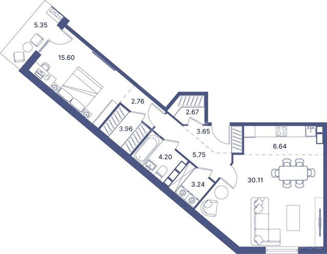 Port d’Azur yaşayış kompleksi, mənzilin planı - 1-otaqlı, 100.63 m²