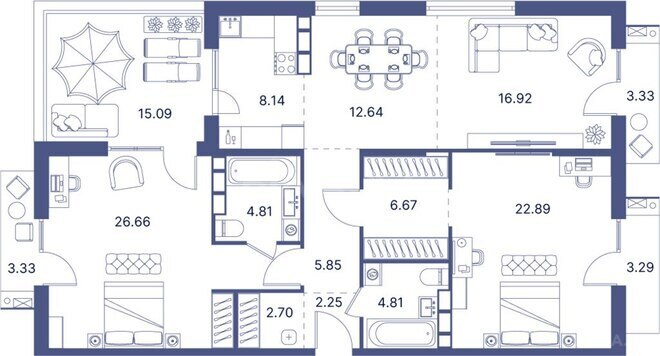 Port d’Azur yaşayış kompleksi, mənzilin planı - 2-otaqlı, 168.56 m²