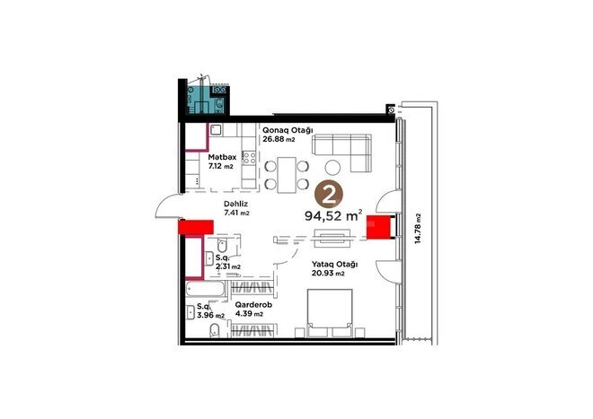 White Garden yaşayış kompleksi, mənzilin planı - 2-otaqlı, 94.52 m²