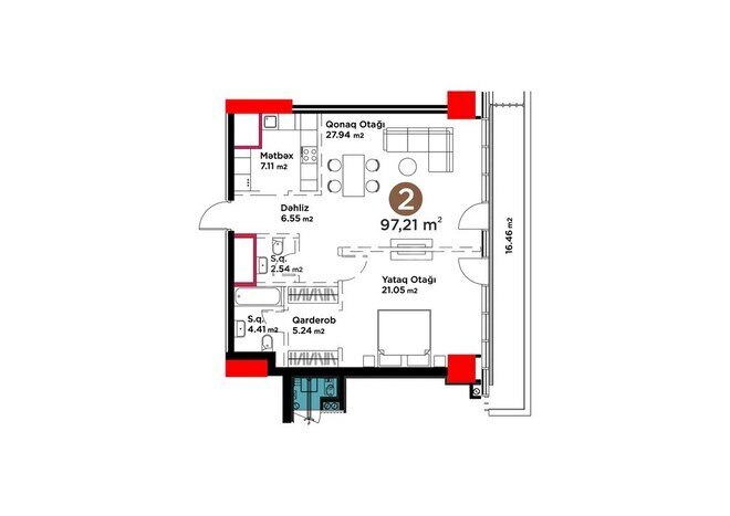 White Garden yaşayış kompleksi, mənzilin planı - 2-otaqlı, 97.21 m²