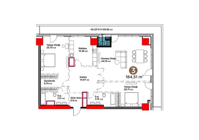 White Garden yaşayış kompleksi, mənzilin planı - 3-otaqlı, 184.51 m²