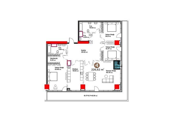 White Garden yaşayış kompleksi, mənzilin planı - 4-otaqlı, 226.62 m²