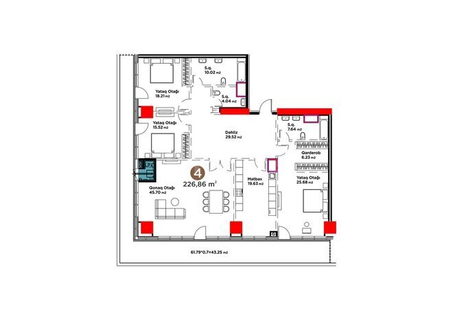 White Garden yaşayış kompleksi, mənzilin planı - 4-otaqlı, 226.86 m²