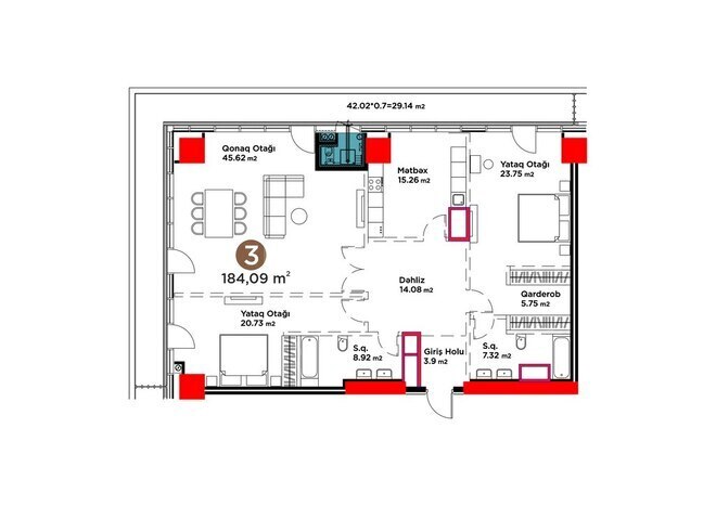 White Garden yaşayış kompleksi, mənzilin planı - 3-otaqlı, 184.09 m²