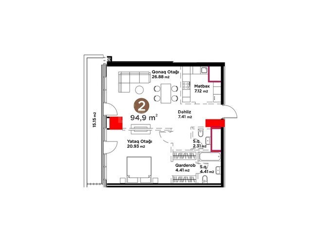 White Garden yaşayış kompleksi, mənzilin planı - 2-otaqlı, 94.9 m²