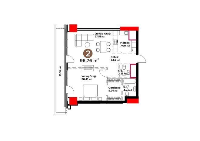 White Garden yaşayış kompleksi, mənzilin planı - 2-otaqlı, 96.76 m²