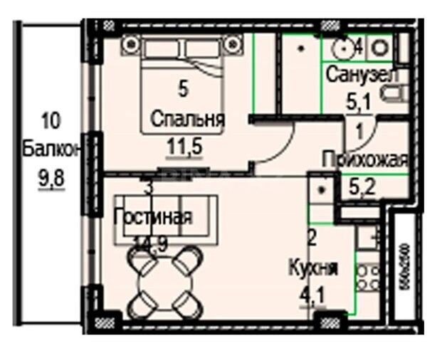 Sea Breeze Miami Residence yaşayış kompleksi, mənzilin planı - 2-otaqlı, 59.5 m²