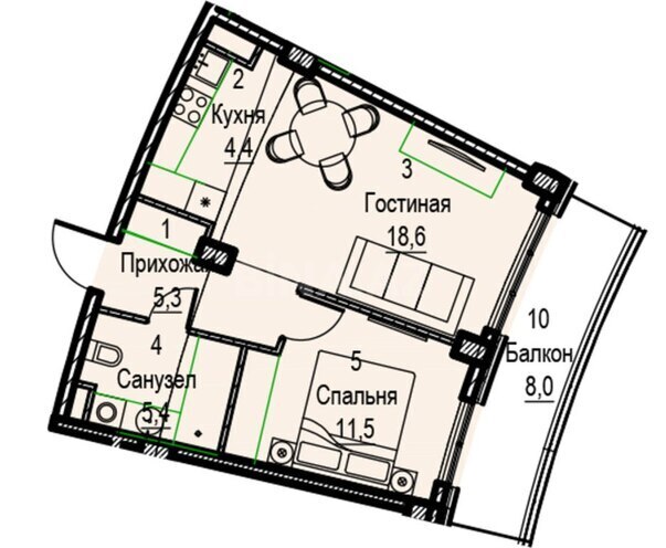 Sea Breeze Miami Residence yaşayış kompleksi, mənzilin planı - 2-otaqlı, 62.6 m²