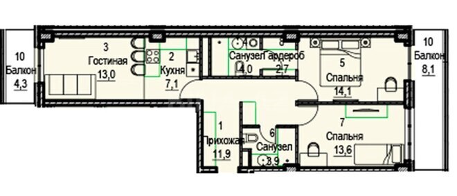 Sea Breeze Miami Residence yaşayış kompleksi, mənzilin planı - 3-otaqlı, 96.9 m²