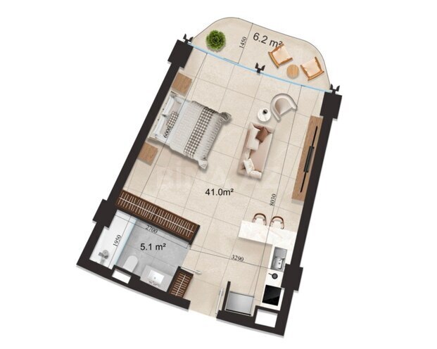 Sea Breeze Swissôtel & Raffle Residences yaşayış kompleksi, mənzilin planı - 1-otaqlı, 58.7 m²