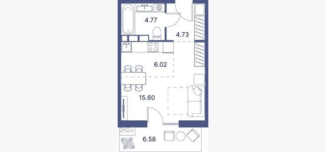 Sea Breeze Port D’Azur yaşayış kompleksi, mənzilin planı - 1-otaqlı, 43.08 m²