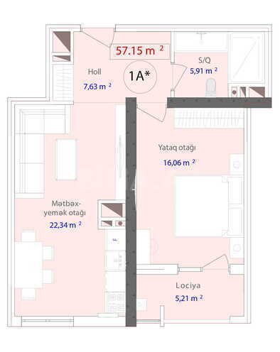 Çinarlı Park yaşayış kompleksi, mənzilin planı - 1-otaqlı, 57.1 m²