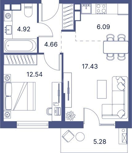 Port d’Azur yaşayış kompleksi, mənzilin planı - 1-otaqlı, 59.41 m²