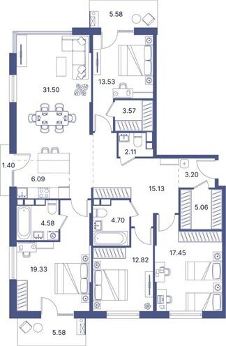 Port d’Azur yaşayış kompleksi, mənzilin planı - 4-otaqlı, 173.33 m²