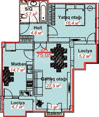 Park Lənkəran yaşayış kompleksi, mənzilin planı - 2-otaqlı, 75.05 m²