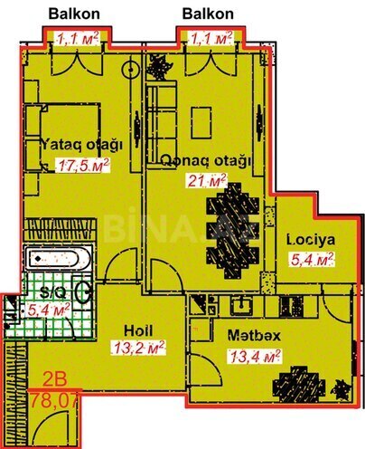 Park Lənkəran yaşayış kompleksi, mənzilin planı - 2-otaqlı, 78.07 m²