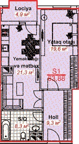 Park Lənkəran yaşayış kompleksi, mənzilin planı - 1-otaqlı, 63.88 m²