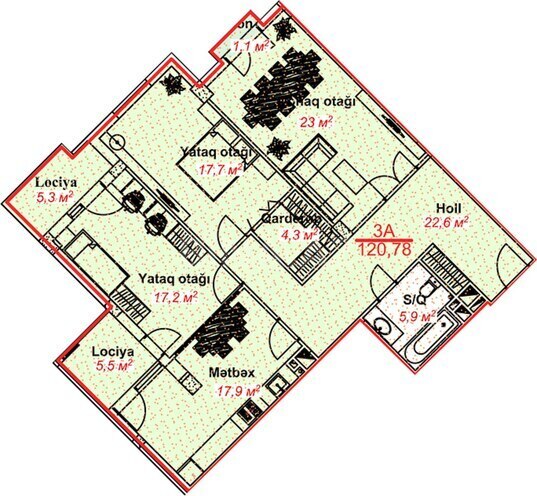 Park Lənkəran yaşayış kompleksi, mənzilin planı - 3-otaqlı, 120.78 m²