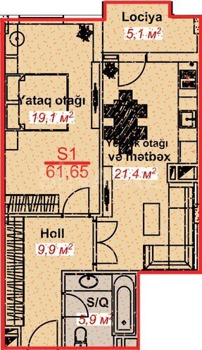 Park Lənkəran yaşayış kompleksi, mənzilin planı - 1-otaqlı, 61.65 m²