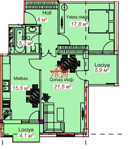 Park Lənkəran yaşayış kompleksi, mənzilin planı - 2-otaqlı, 78.26 m²