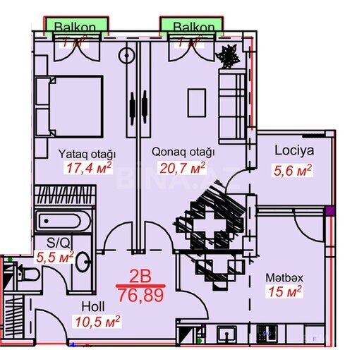Park Lənkəran yaşayış kompleksi, mənzilin planı - 2-otaqlı, 76.89 m²