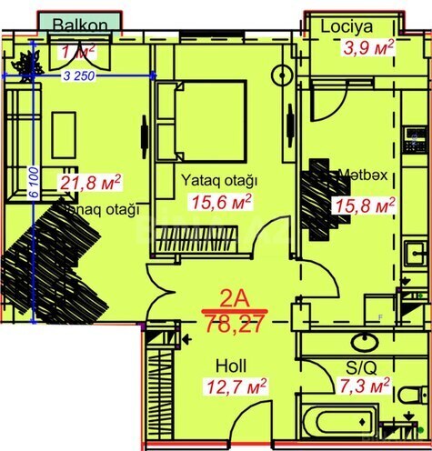 Park Lənkəran yaşayış kompleksi, mənzilin planı - 2-otaqlı, 78.27 m²