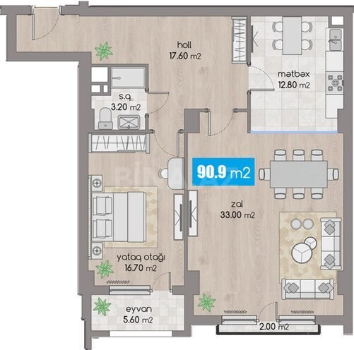 28 Residence yaşayış kompleksi, mənzilin planı - 2-otaqlı, 90.9 m²