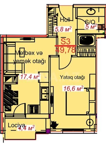 Park Lənkəran yaşayış kompleksi, mənzilin planı - 1-otaqlı, 49.78 m²