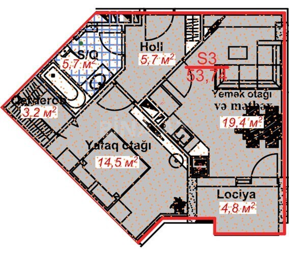 Park Lənkəran yaşayış kompleksi, mənzilin planı - 1-otaqlı, 53.74 m²