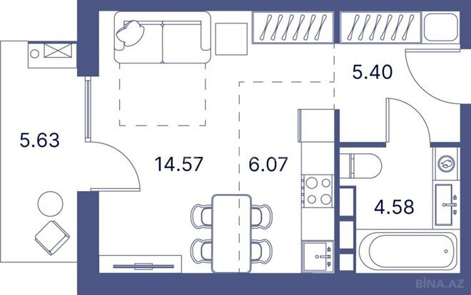 Port d’Azur yaşayış kompleksi, mənzilin planı - 1-otaqlı, 43.47 m²