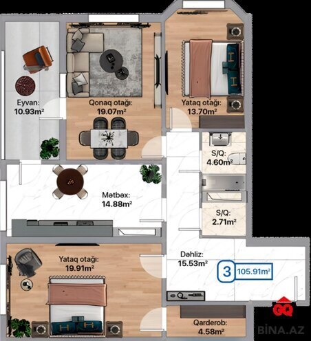 Satılır 3 otaqlı yeni tikili 106 m², photo 4 from 10