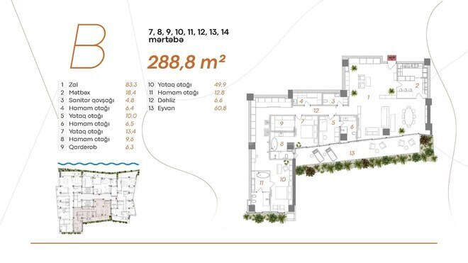 Kempinski Residences Bayıl Bay  yaşayış kompleksi, mənzilin planı - 4-otaqlı, 288.8 m²