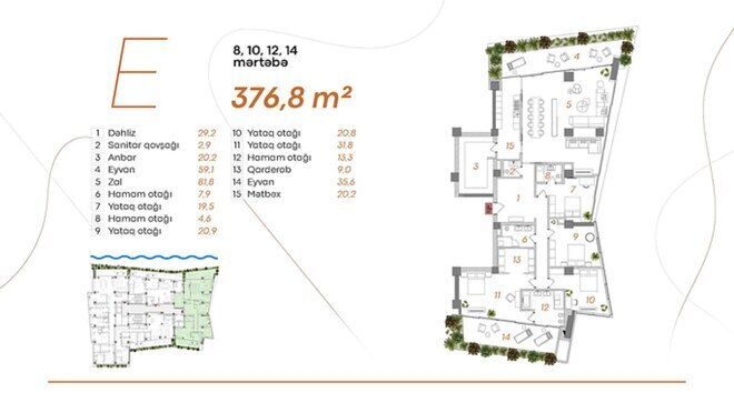 Kempinski Residences Bayıl Bay  yaşayış kompleksi, mənzilin planı - 5-otaqlı, 376.8 m²