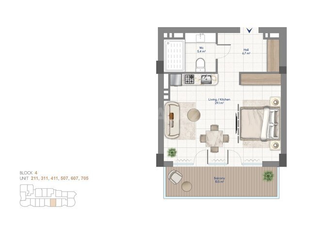 Жилой комплекс Whitestone Beach, планировка - 1-комн., 60.7 м²