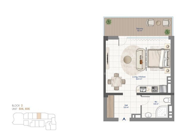 Жилой комплекс Whitestone Beach, планировка - 1-комн., 55.2 м²