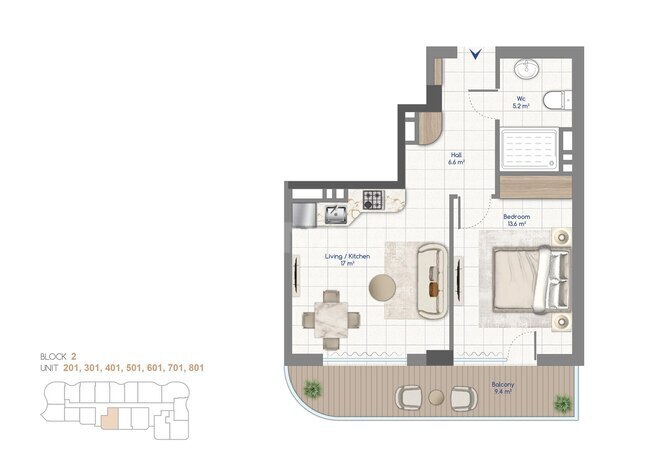 Жилой комплекс Whitestone Beach, планировка - 2-комн., 62.3 м²