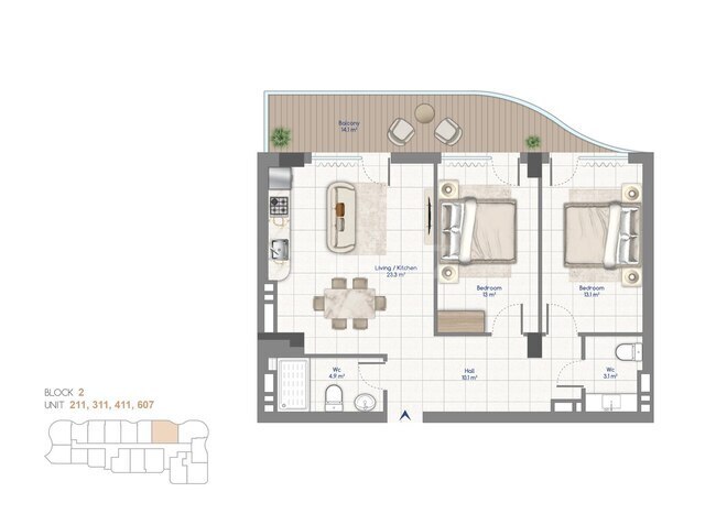 Жилой комплекс Whitestone Beach, планировка - 3-комн., 95.5 м²