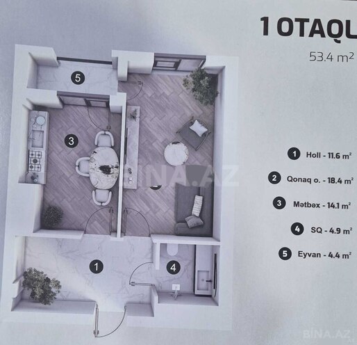 Satılır 1 otaqlı yeni tikili 53.4 m², Ulduz m., photo 3 from 7