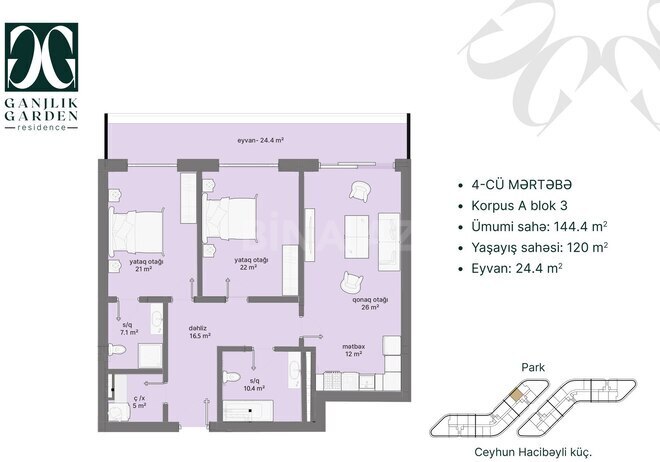 Ganjlik Garden yaşayış kompleksi, mənzilin planı - 3-otaqlı, 144.4 m²