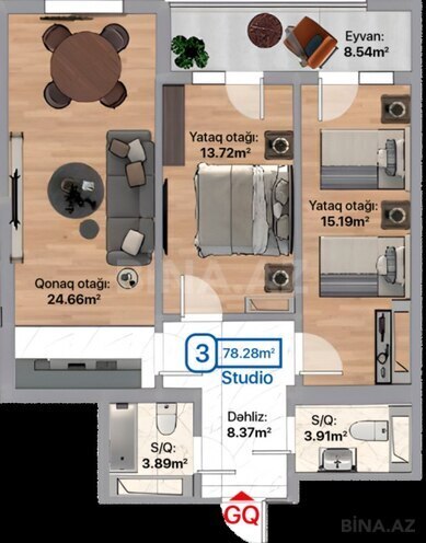 Satılır 3 otaqlı yeni tikili 78.3 m², photo 4 from 11