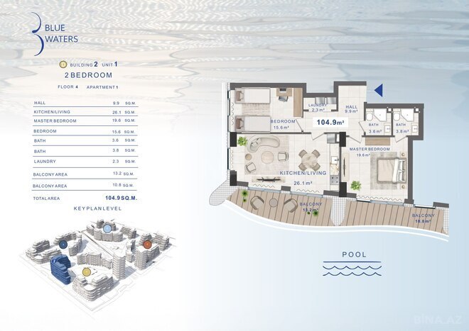 Blue Waters by Alians Development yaşayış kompleksi, mənzilin planı - 1-otaqlı, 44 m²