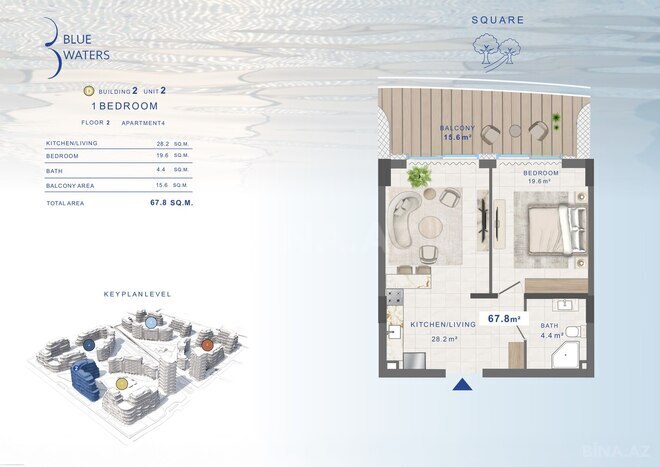 Жилой комплекс Blue Waters by Alians Development, планировка - 1-комн., 67.8 м²