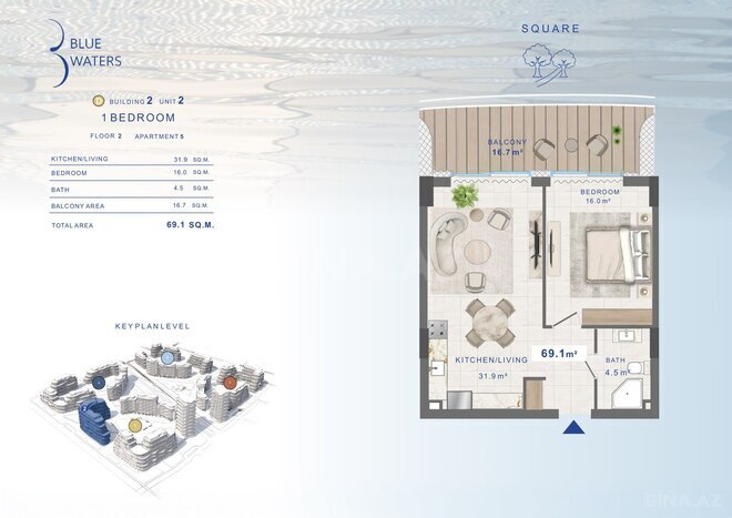 Жилой комплекс Blue Waters by Alians Development, планировка - 1-комн., 69.1 м²