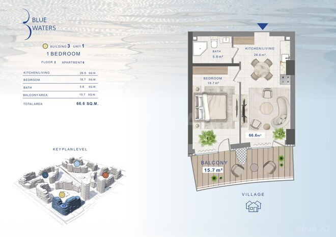 Жилой комплекс Blue Waters by Alians Development, планировка - 1-комн., 66.6 м²