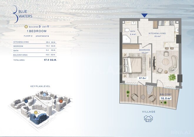 Жилой комплекс Blue Waters by Alians Development, планировка - 1-комн., 67 м²