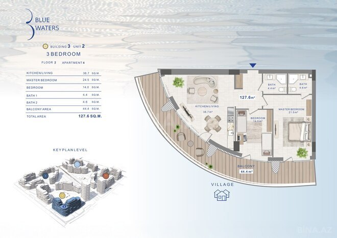 Жилой комплекс Blue Waters by Alians Development, планировка - 2-комн., 127.6 м²