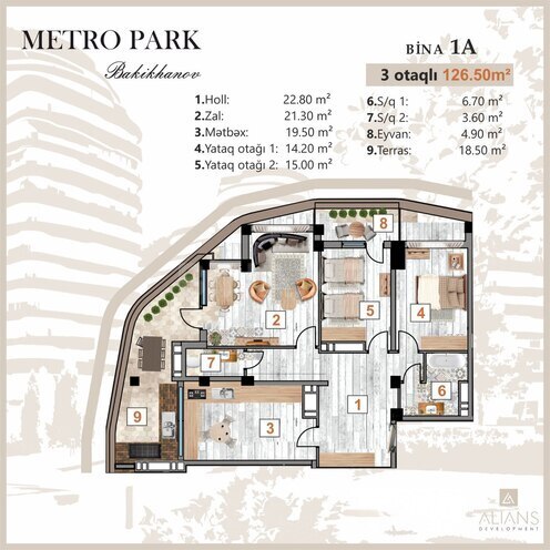 Жилой комплекс Metro Park Bakikhanov by Alians Development, планировка - 3-комн., 126.5 м²